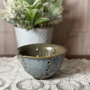 Handcrafted Glazed Stoneware Ceramic Berry Bowl Blue Tan Green